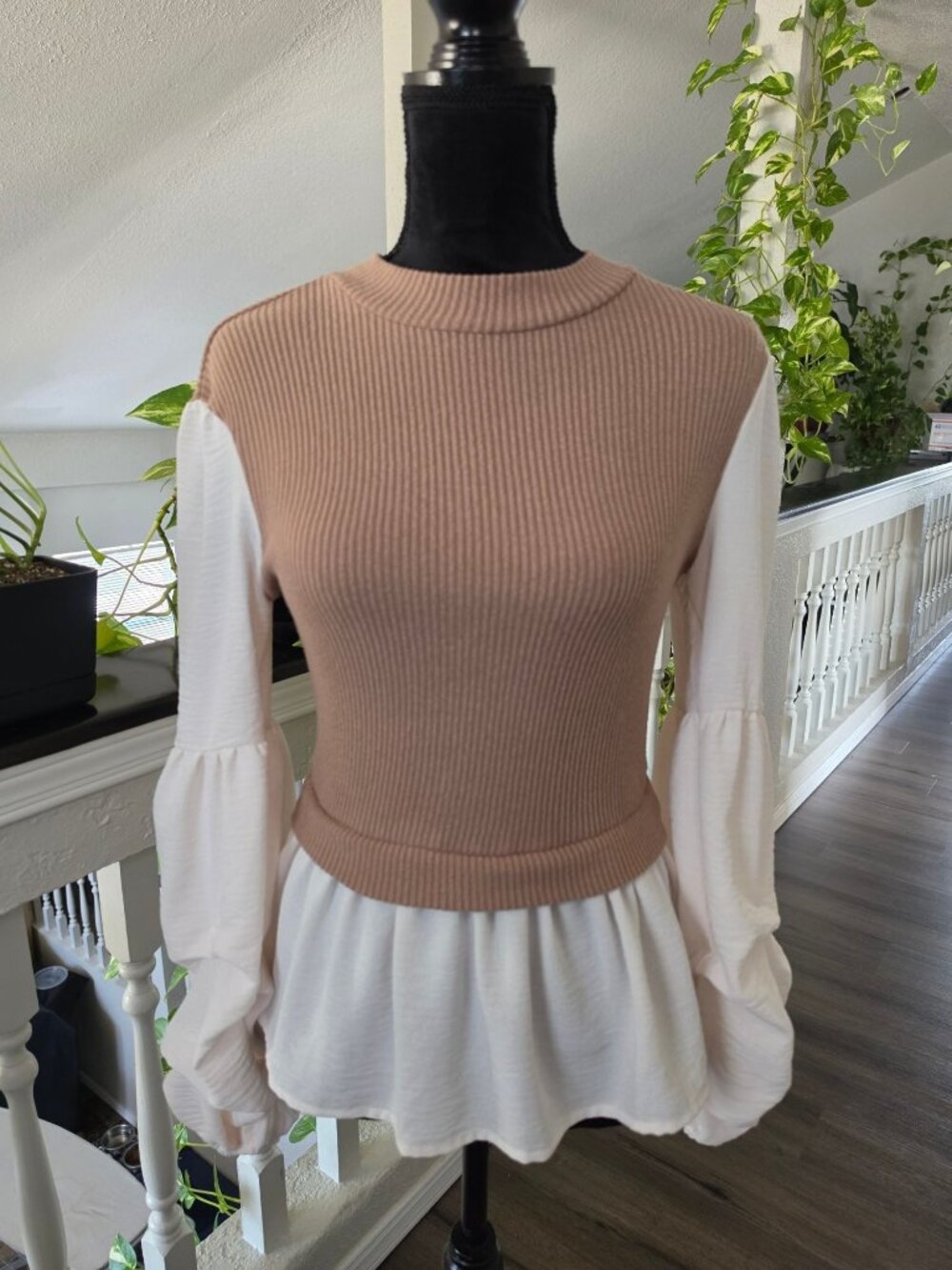 The Line Of Style Ribbed Knit & Tiered Peplum Blouse With Puff Sleeves - Small